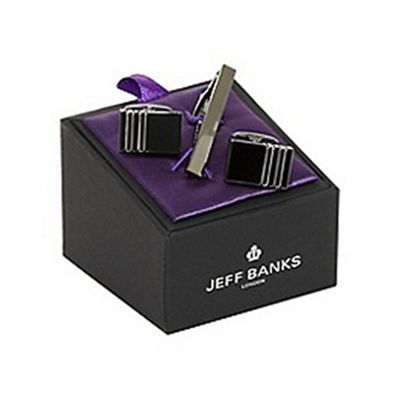 Gunmetal tie pin and striped cufflinks in a gift box